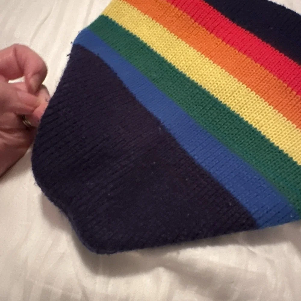 Vintage 80s Rainbow Striped Knit Beanie Ski Toque Wool Cap Hippie Pride Pom Hat